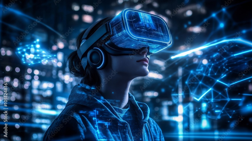 User exploring augmented reality with a VR headset. User exploring augmented reality with a VR headset.