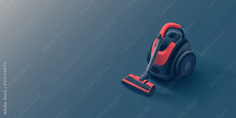 Fototapeta premium Glowing vacuum cleaner, clean isometric room setting, flat design illustration