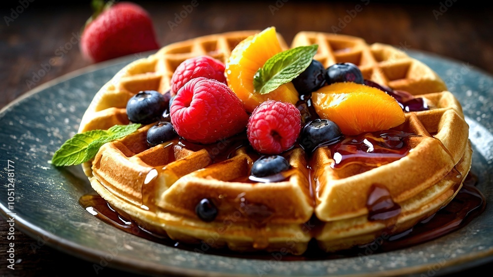 Dripping Syrup, Golden Glow: Long Exposure Waffle with Fruit Symphony