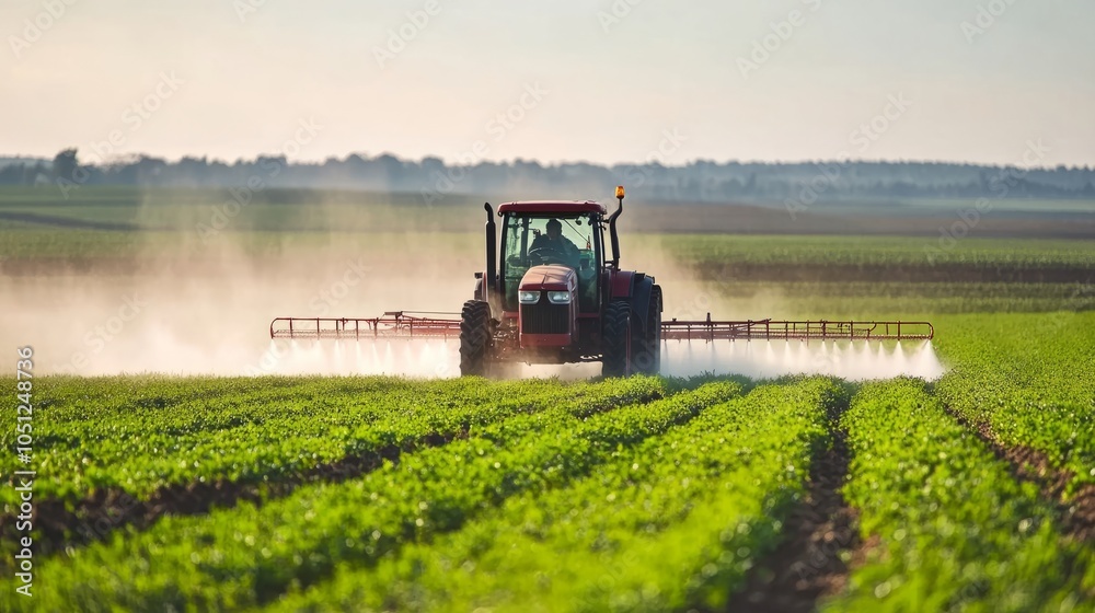Fototapeta premium Tractor spraying fertilizer on lush agricultural fields under clear blue sky, demonstrating modern farming techniques and sustainable agriculture practices for crop management and optimal yield