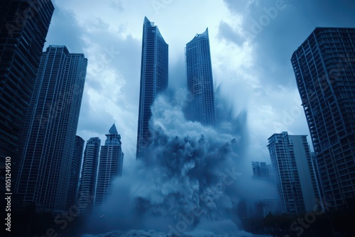 Demolition of skyscrapers causing large water explosion, dramatic cityscape, blue tones, urban transformation.