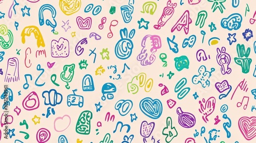 A bright and cheerful background featuring hand-drawn doodles in various colors on a light surface.