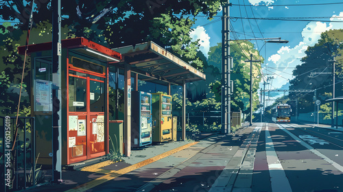 Quiet Bus Stop in Anime Style with Atmospheric Urban Details