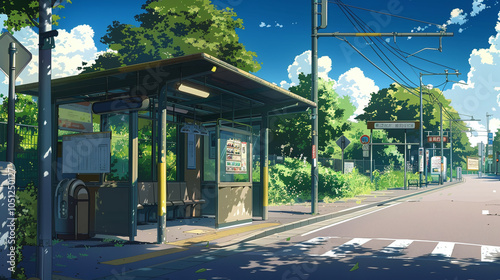 Quiet Bus Stop in Anime Style with Atmospheric Urban Details