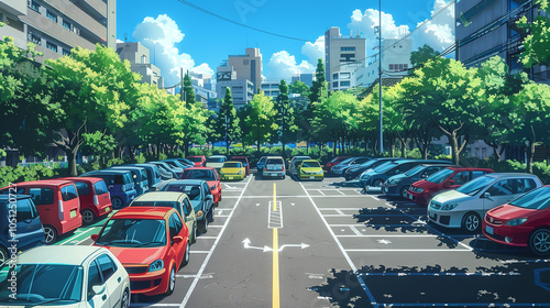 City Parking Lot Landscape in Anime Style with Urban Ambiance