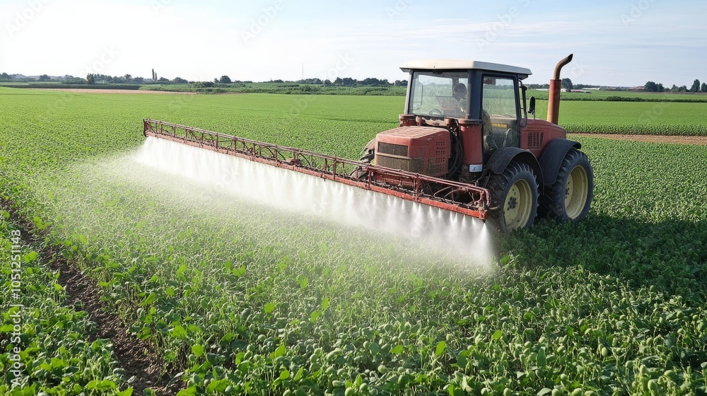 Fototapeta premium Modern farming tractor spraying pesticides over lush green soybean field in rural agricultural landscape, demonstrating precision agriculture techniques for crop protection and increased yield 