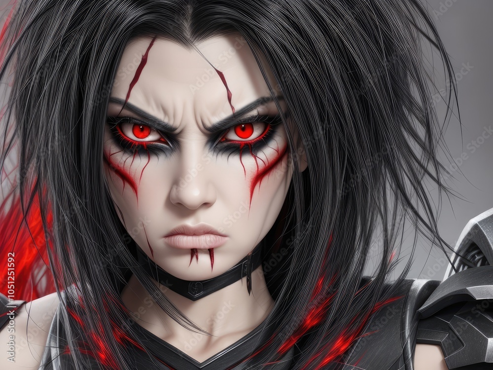 Obraz premium Haunting Beauty,Spooky yet stunning, a youthful beauty flaunts eerie eye makeup, bold blood-red lips, and a mischievous grin in a hauntingly lit