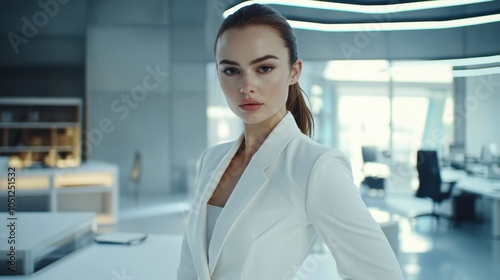 A confident young Caucasian woman in a stylish white outfit poses in a modern office setting, exuding professionalism and grace, ideal for a marketing campaign with space for text.