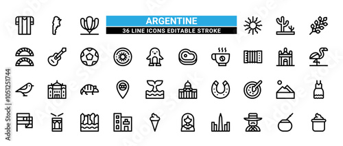 36 Argentina Line Icons Set Pack Editable Stroke Vector Illustration.