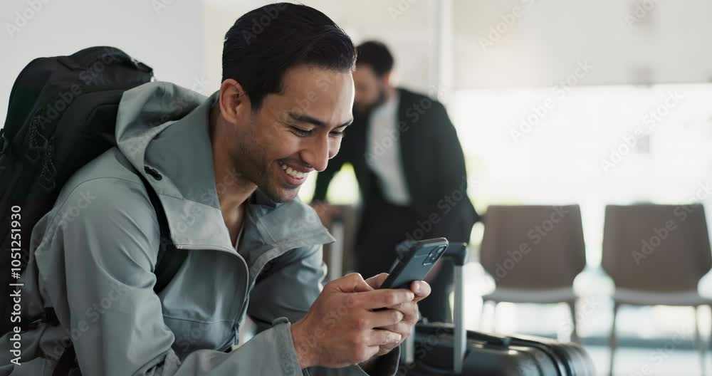 Airport, man and phone text with travel, smile and social media break with internet scroll. Happy, networking and bag for vacation or trip with message and technology at boarding waiting room