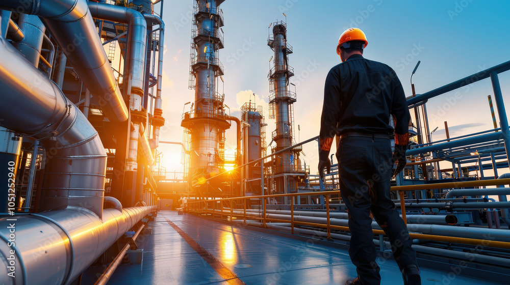 engineer in hard hat walks through industrial refinery at sunset, observing towering structures and intricate network of pipes. scene captures essence of industry and innovation engineer in hard hat walks through industrial refinery at sunset, observing towering structures and intricate network of pipes. scene captures essence of industry and innovation