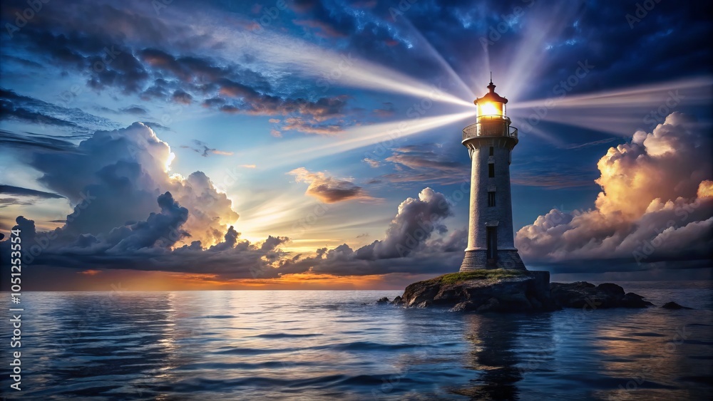 Fototapeta premium Captivating Lighthouse at Dusk: A Bright Beacon of Hope in Tranquil Waters, Illuminating the Night Sky with its Radiant Light