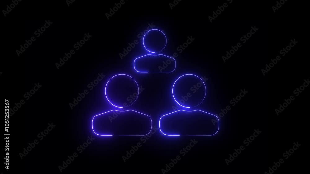 Abstract glowing neon symbol a group of three people with glowing outlines with rays on black background . 4k video animation . Abstract glowing neon symbol a group of three people with glowing outlines with rays on black background . 4k video animation .
