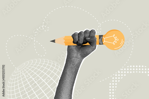 Fancy halftone collage. Concept of knowledge, inspiration to take notes, to create a new idea, creative idea, idea to write down thoughts, imagination for success in work. Illustration for web banner