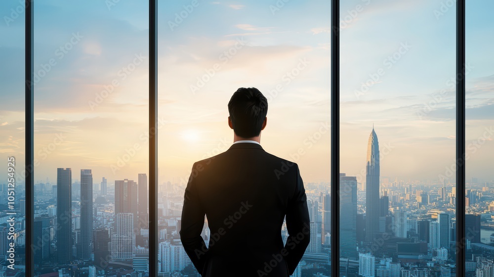 Fototapeta premium Silhouette of a businessman looking out over a city skyline at sunset.