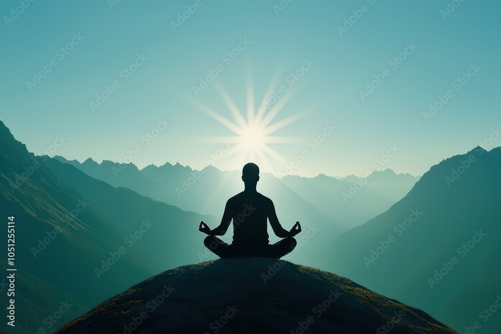 Φωτογραφία Silhouette of a person meditating on a mountain top, serene nature background, sunrise illuminating the landscape
