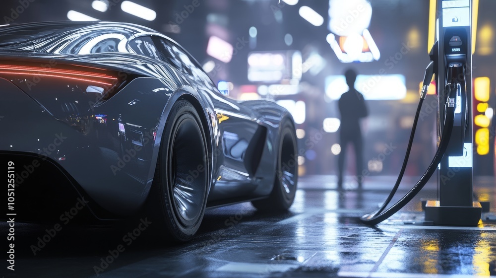 Sleek gray car refuels at station, nozzle sharp, man in the distance blurry.