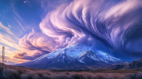 Sunset and sunrise over snow-capped mountains, showcasing a beautiful landscape with colorful skies and dramatic clouds photo