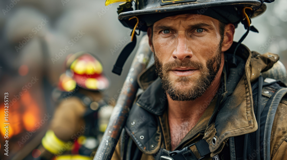 determined firefighter stands in front of burning building, wearing protective gear and holding equipment, ready to tackle blaze. Smoke and flames are visible in background