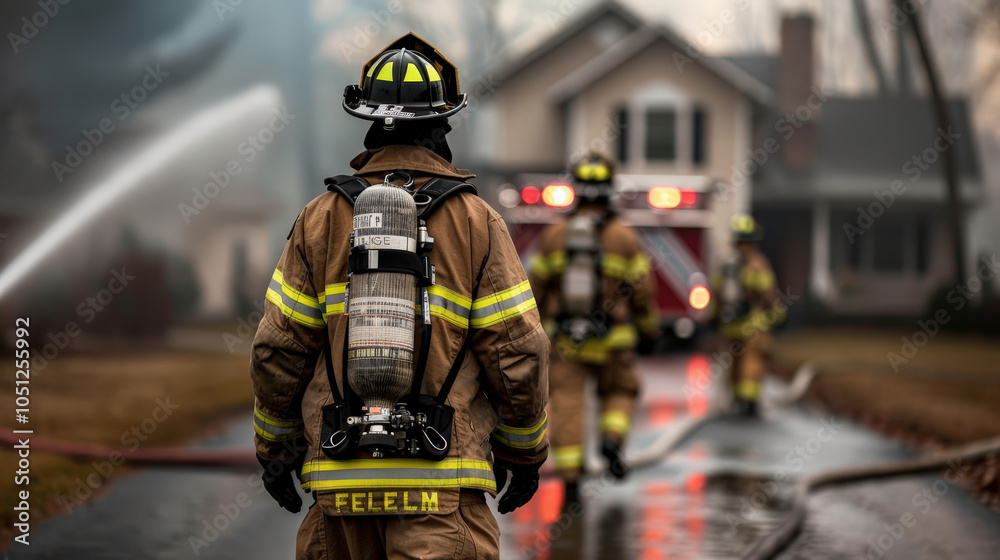firefighter in full gear stands ready, checking equipment before responding to emergency. scene is set in residential area with ambulance in background