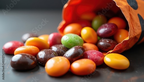 Close-up of various colorful Halloween treats spilling from a candy bag filled with lollipops, chocolates, and chewy candies for Halloween fun