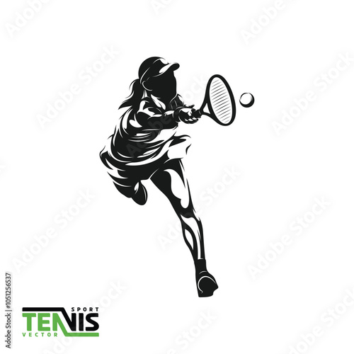 Vector image of a black and white illustration of a female tennis player