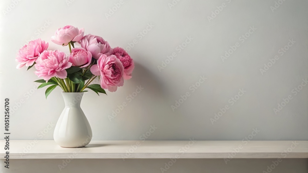 Chic mockup shelf featuring a vase of pink peonies, perfect for product presentation and showcasing floral arrangements in stylish home decor inspiration. Chic mockup shelf featuring a vase of pink peonies, perfect for product presentation and showcasing floral arrangements in stylish home decor inspiration.