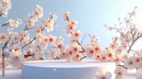 Luxury minimal white round platform podium with white ume blossom flowers for product displays
