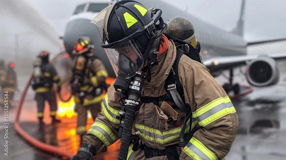 Fototapeta premium Firefighters in protective gear work to extinguish fire on airplane, showcasing bravery and teamwork in critical situation