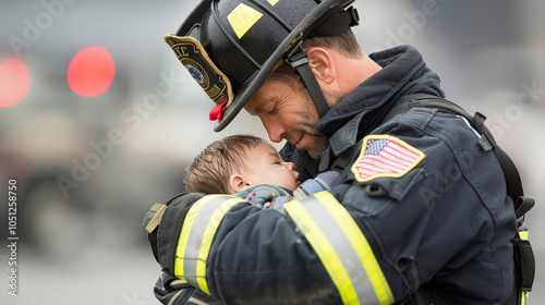 firefighter tenderly holds baby, rescued from burning building, showcasing bravery and compassion. scene captures moment of relief and heroism amidst chaos