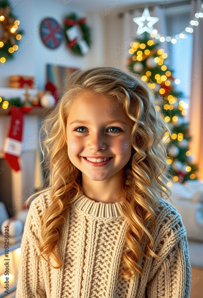 Happy Little Girl Smiling Near Christmas Tree and Fireplace Happy Little Girl Smiling Near Christmas Tree and Fireplace