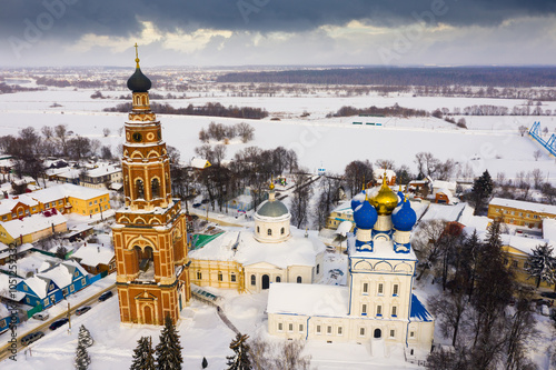 Aerial view of the Cathedral of the Archangel Michael and the bell tower in Bronnitsy in winter, Moscow region, Russia