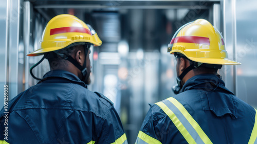 Two firefighters in protective gear stand in elevator, ready to respond to emergency. Their yellow helmets and reflective stripes highlight their preparedness and focus