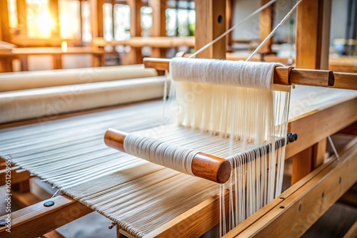 weaving shuttle spindle and yarn on loom warp and weft of white fabric Low Angle photo