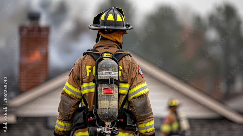 Obraz premium firefighter stands on rooftop, surrounded by smoke, wearing protective gear and helmet. scene is tense and focused, highlighting bravery and dedication of emergency responders