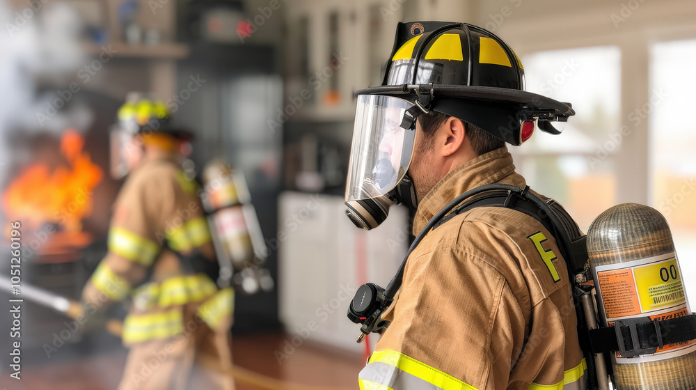 Two firefighters in protective gear, including helmets and masks, are actively responding to fire in building. One uses hose to extinguish flames, while other observes with focus Two firefighters in protective gear, including helmets and masks, are actively responding to fire in building. One uses hose to extinguish flames, while other observes with focus