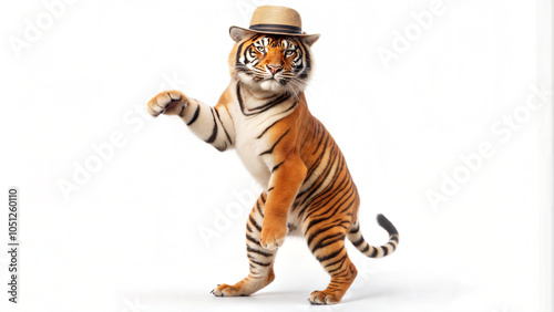 Cartoon image of a tiger standing on two legs wearing a hat on a white background.ai generate