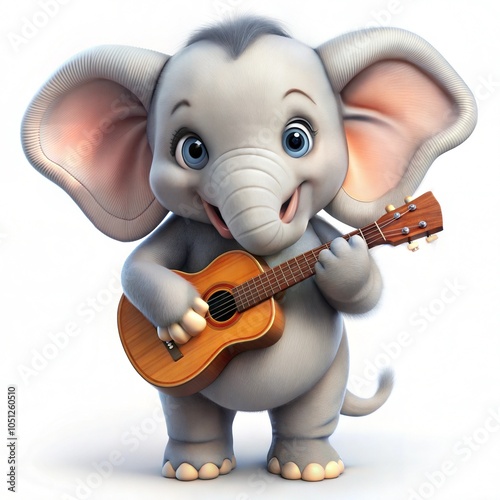 Asian elephant baby standing holding a guitar on a white background ai generate