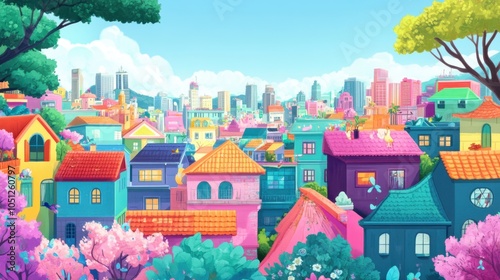 A vibrant, bright anime rooftop scene filled with colorful cityscapes, whimsical elements, and a clear sky, perfect for a lively background illustration.