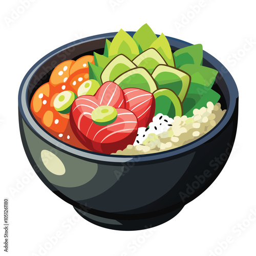 Tuna Poke Bowl Icon Fresh Tuna, Rice, Avocado, Onion, Lettuce, and Seaweed, Isolated Vector Design.