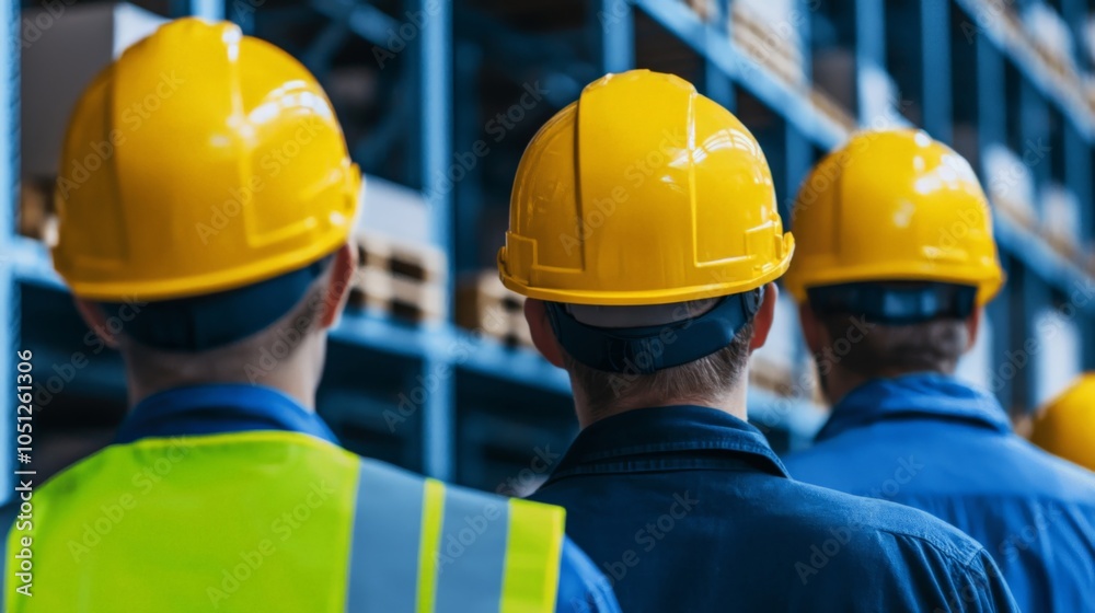 Workers in safety helmets stand in line, observing warehouse shelves stocked with goods in a professional environment. Workers in safety helmets stand in line, observing warehouse shelves stocked with goods in a professional environment.