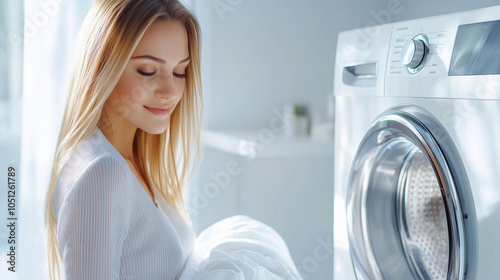 Elegant European Woman in Minimalist Bathroom with Open Washing Machine and Neatly Rolled White Duvet, Bright Light and Stylish Furnishings photo