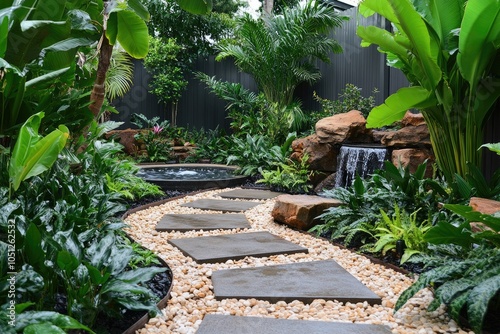 Stone garden path leading to modern jacuzzi and waterfall feature photo