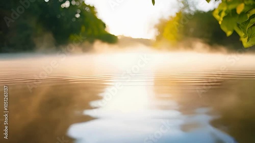 Mist Rising Over Still Water Surface in Early Morning Light