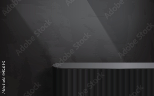 Abstract black pedestal podium 3D design and dark background. Minimal studio showroom concept presentation for product display, fashion showcase, banner cosmetic, promotion. Vector geometric

