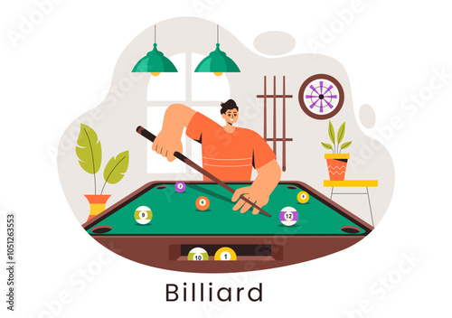 Billiards Game Vector Illustration featuring a Player in a Pool Room Holding a Cue Stick, with a Billiard Table and Balls in a Sports Club