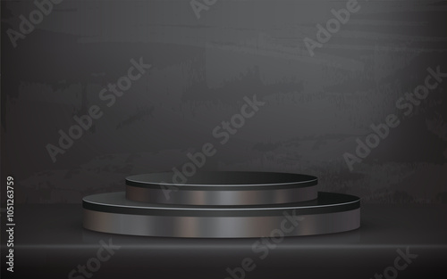 Abstract black pedestal podium 3D design and dark background. Minimal studio showroom concept presentation for product display, fashion showcase, banner cosmetic, promotion. Vector geometric
