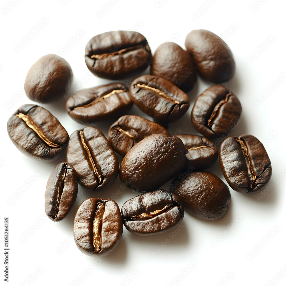 Fototapeta premium Roasted coffee beans isolated on a white background, showcasing their rich brown color and glossy texture.