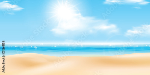 Sky Blue, Cloud Background, Horizon Spring Clear Sky in Morning by the beach, Vector beautiful landscape nature sunrise in Summer, Backdrop panoramic banner white clouds over blue ocean