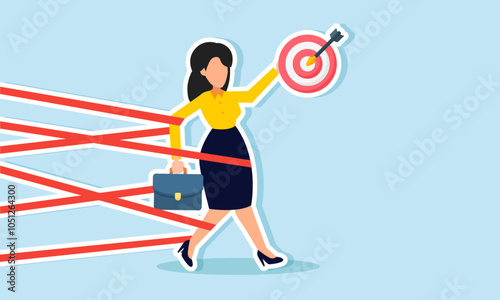 A businesswoman holding a target board is tangled and trapped in ropes, illustration of mistakes in executing business targets